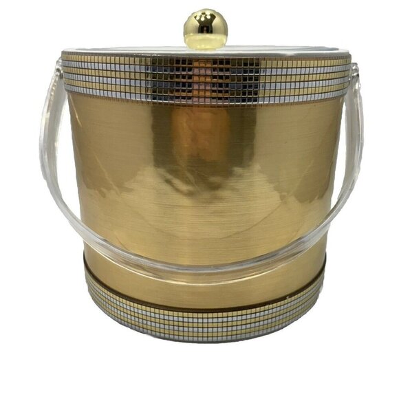 Vintage MCM Georges Briard USA Brushed Gold Lucite Clear Acrylic Handle & Lid - Picture 1 of 16